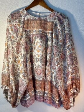 Anthro Flora 100% Silk Blouse Sheer Boho Paisley Peasant Top Neutral size L